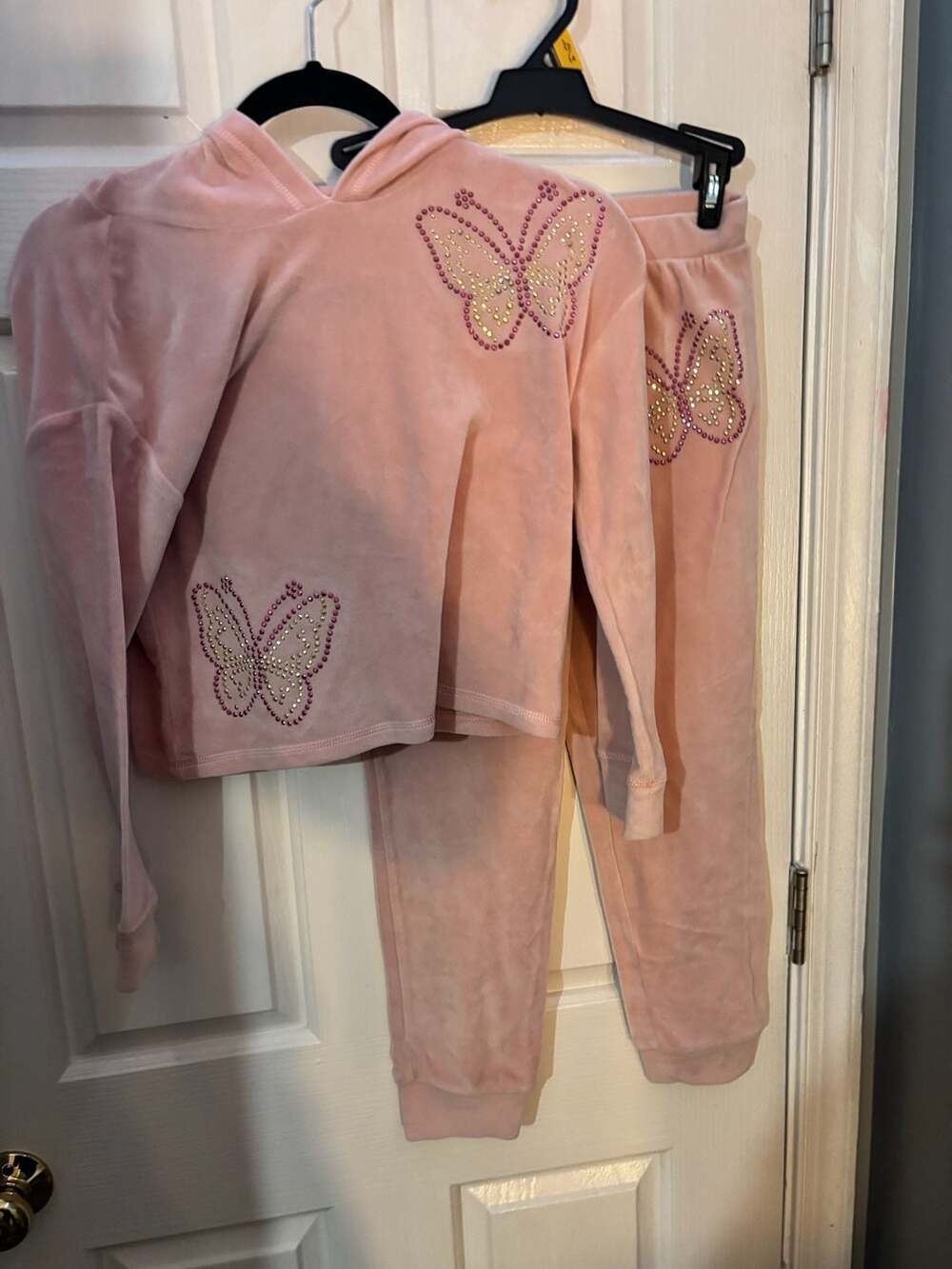 Belle du Jour Girls Pink Velour Rhinestone Butterfly Jogger Tracksuit Set Size S